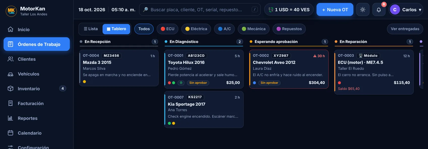 Tablero Kanban con órdenes por etapa y alerta de tiempo